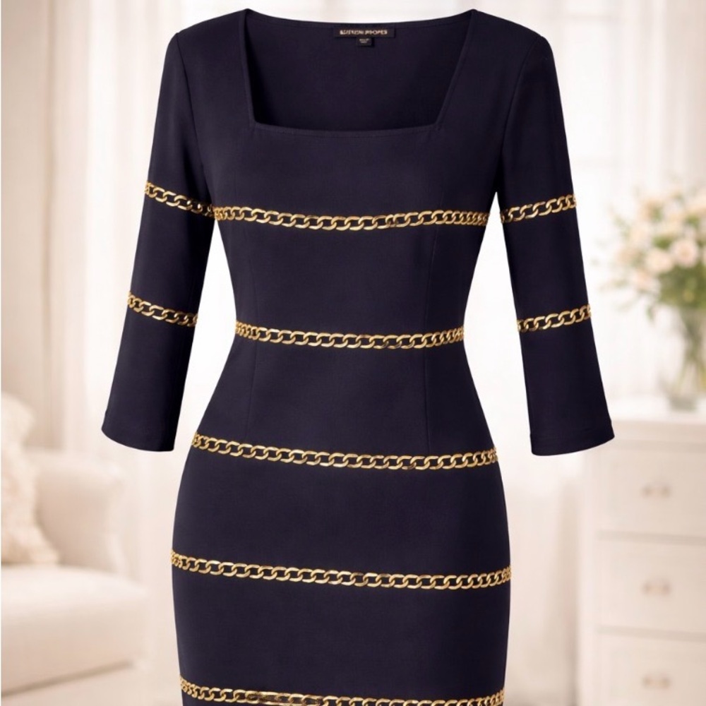 Boston Proper Navy Dress with Gold Chain Accents